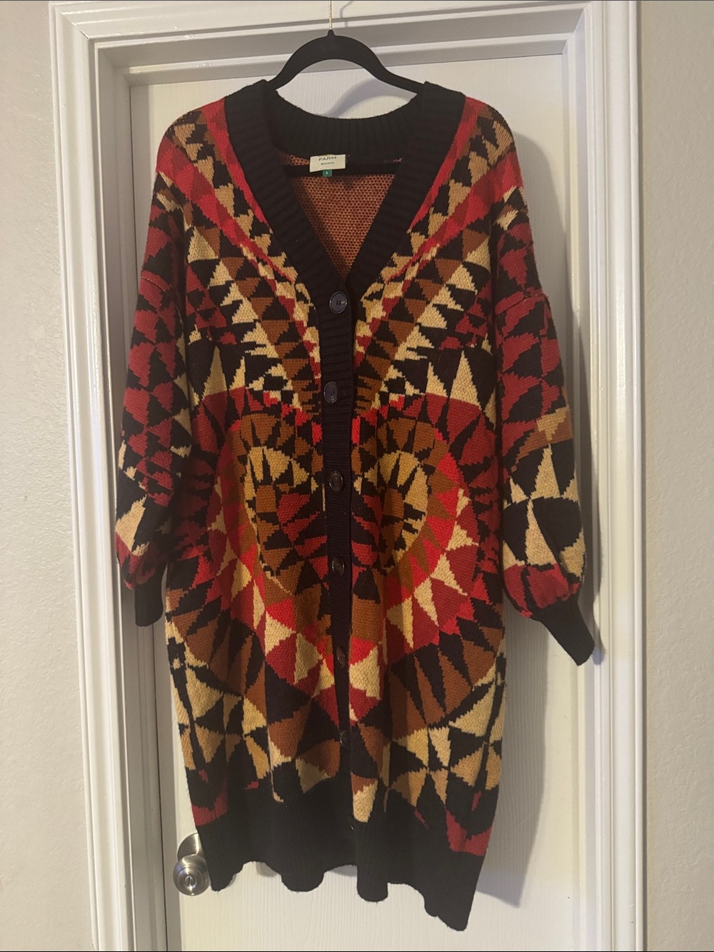 FARM RIO Geometric Heart Deco Knit Cardigan Sweater - Red/Black/Cream - Picture 5 of 7